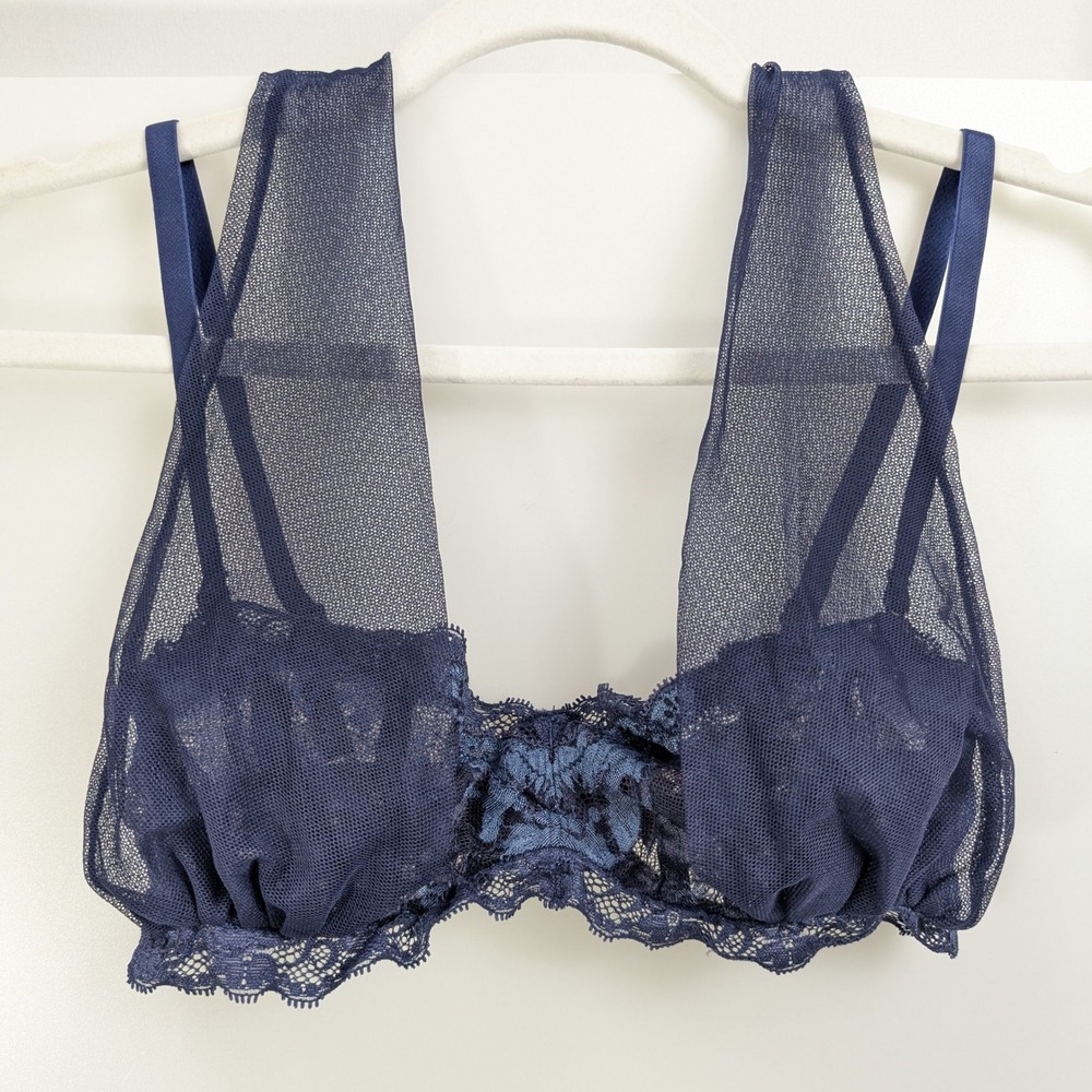 Victorias Secret Floral Lace Mesh Underwire Bralette Sz S Navy Blue Fairy Layer
